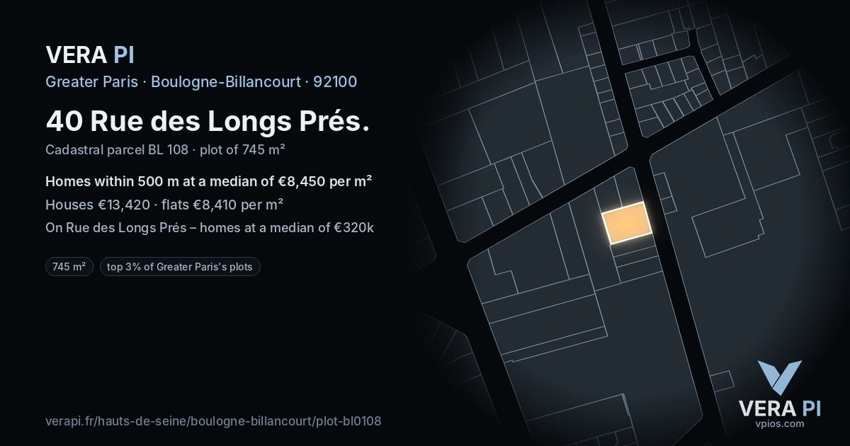 40 Rue des Longs Prés, Boulogne-Billancourt at night – the plot lit, the parcels around coloured by the prices near them