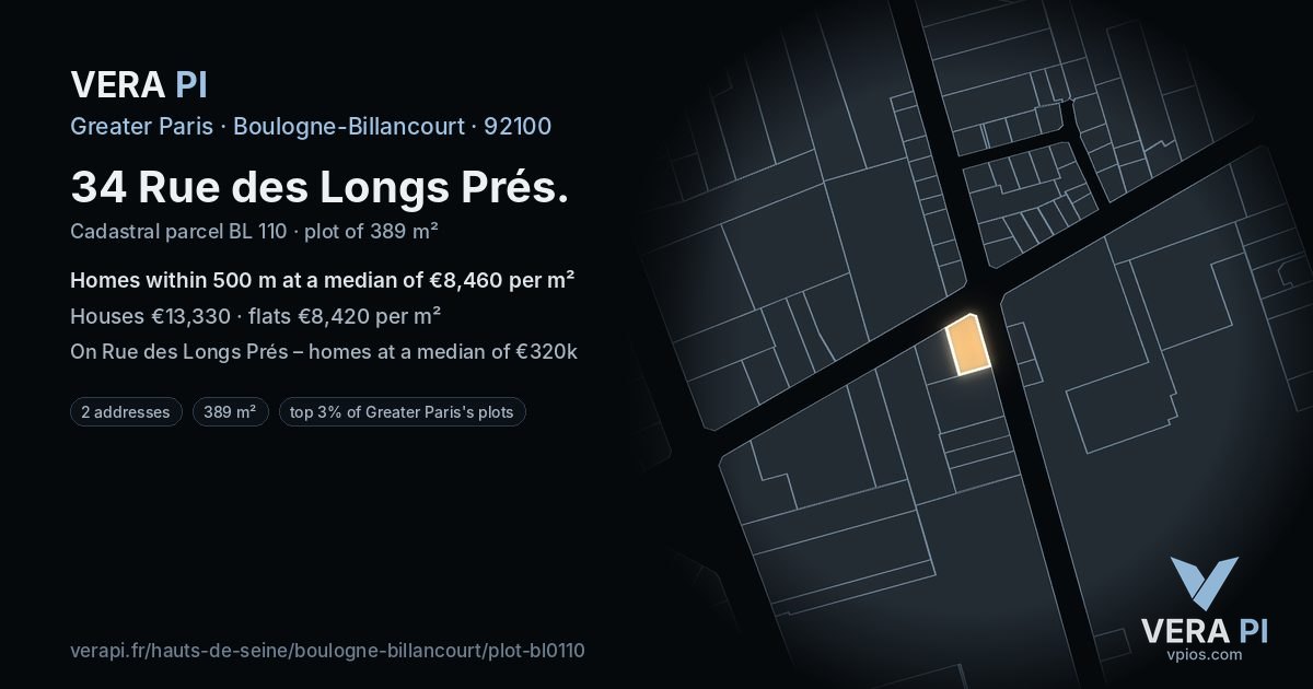 34 Rue des Longs Prés, Boulogne-Billancourt at night – the plot lit, the parcels around coloured by the prices near them