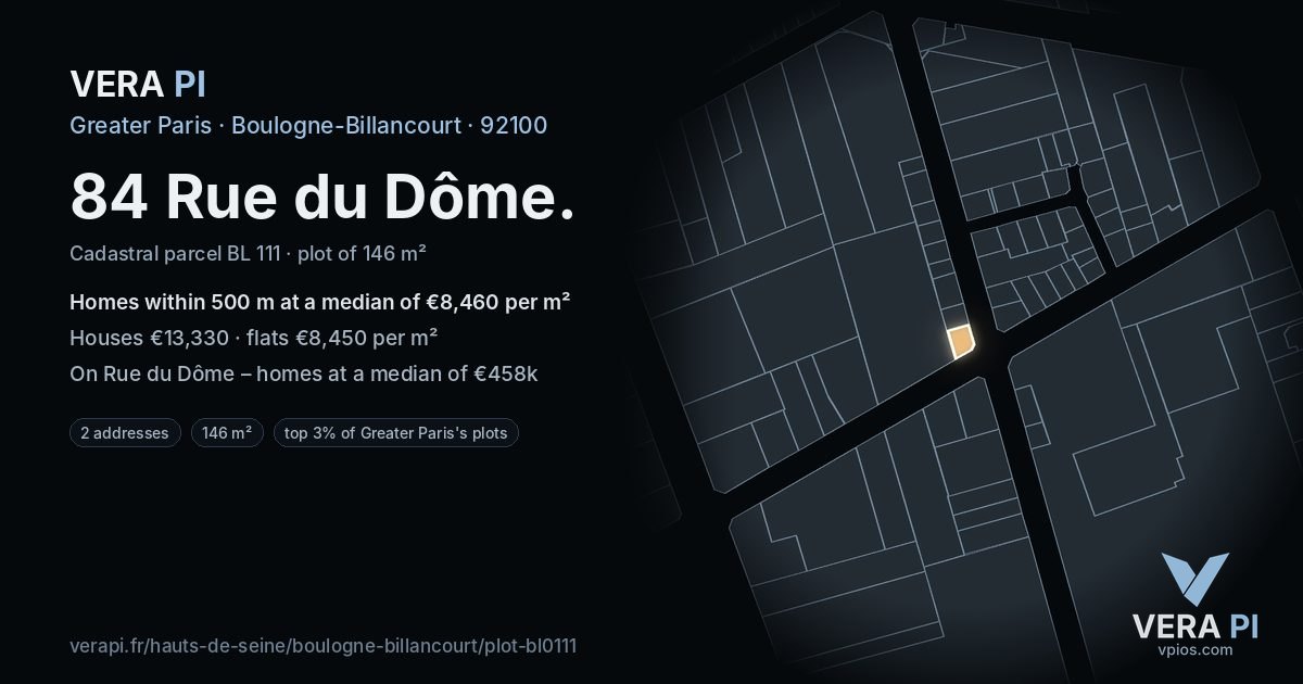 84 Rue du Dôme, Boulogne-Billancourt at night – the plot lit, the parcels around coloured by the prices near them