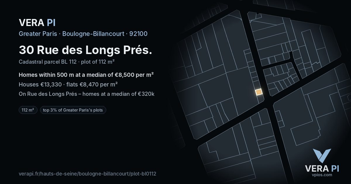 30 Rue des Longs Prés, Boulogne-Billancourt at night – the plot lit, the parcels around coloured by the prices near them