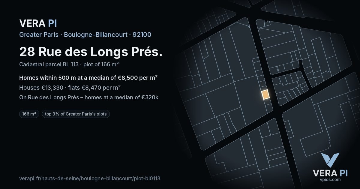 28 Rue des Longs Prés, Boulogne-Billancourt at night – the plot lit, the parcels around coloured by the prices near them