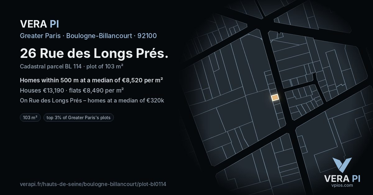 26 Rue des Longs Prés, Boulogne-Billancourt at night – the plot lit, the parcels around coloured by the prices near them