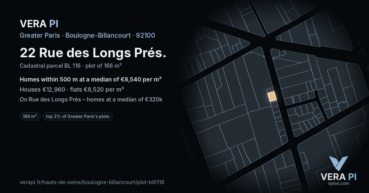 22 Rue des Longs Prés, Boulogne-Billancourt at night – the plot lit, the parcels around coloured by the prices near them