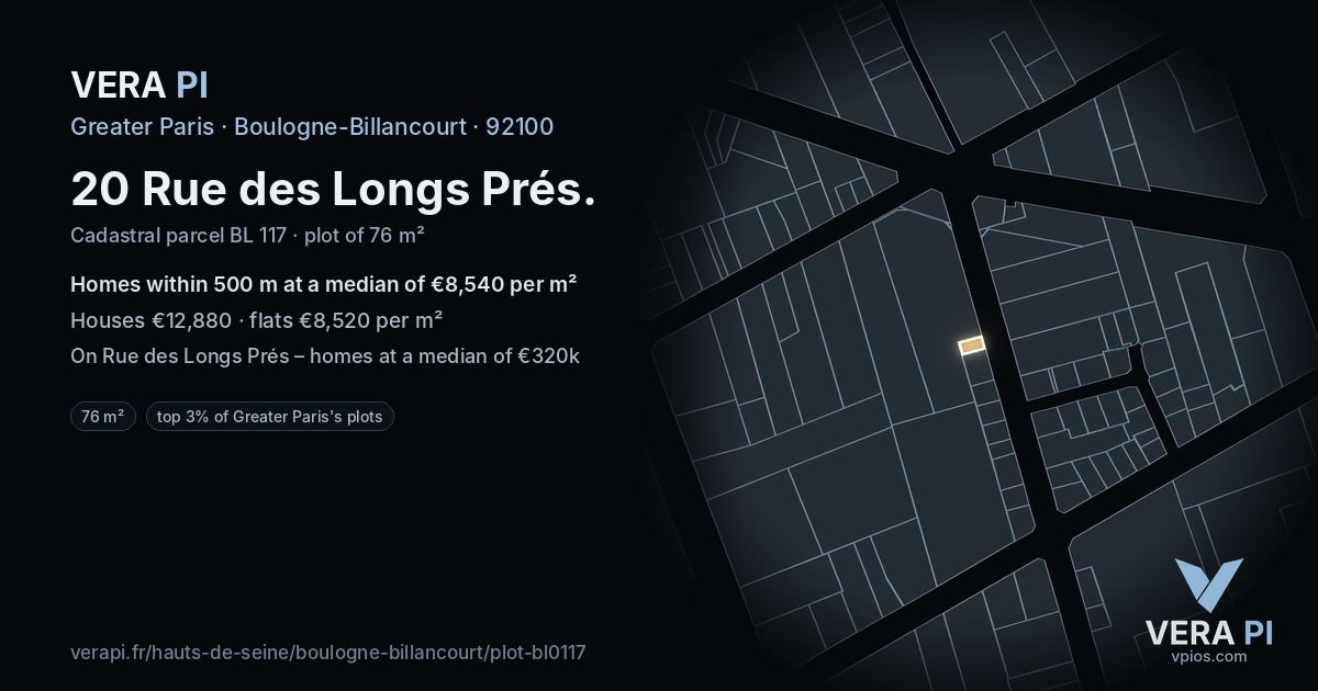 20 Rue des Longs Prés, Boulogne-Billancourt at night – the plot lit, the parcels around coloured by the prices near them