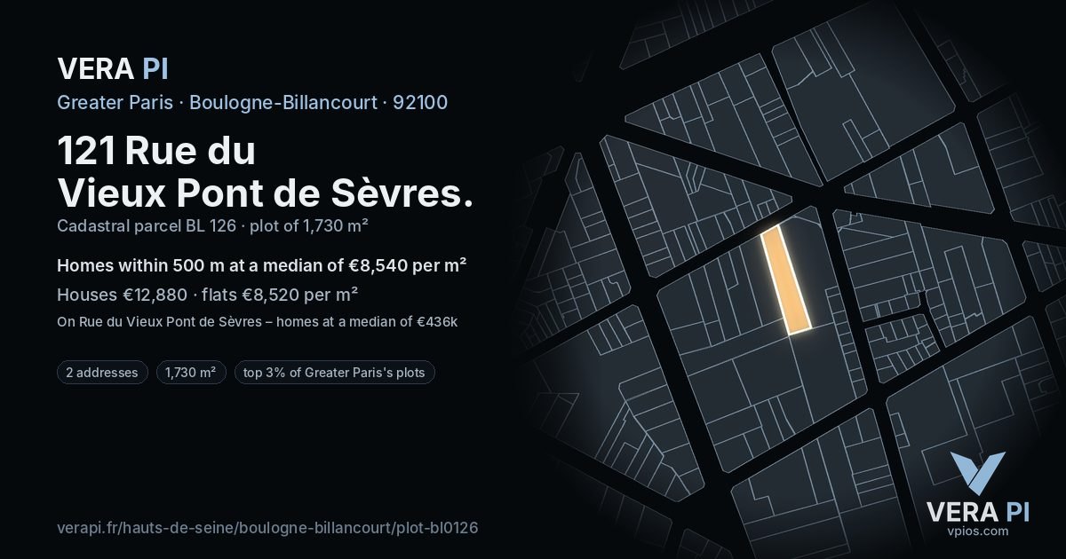 121 Rue du Vieux Pont de Sèvres, Boulogne-Billancourt at night – the plot lit, the parcels around coloured by the prices near them