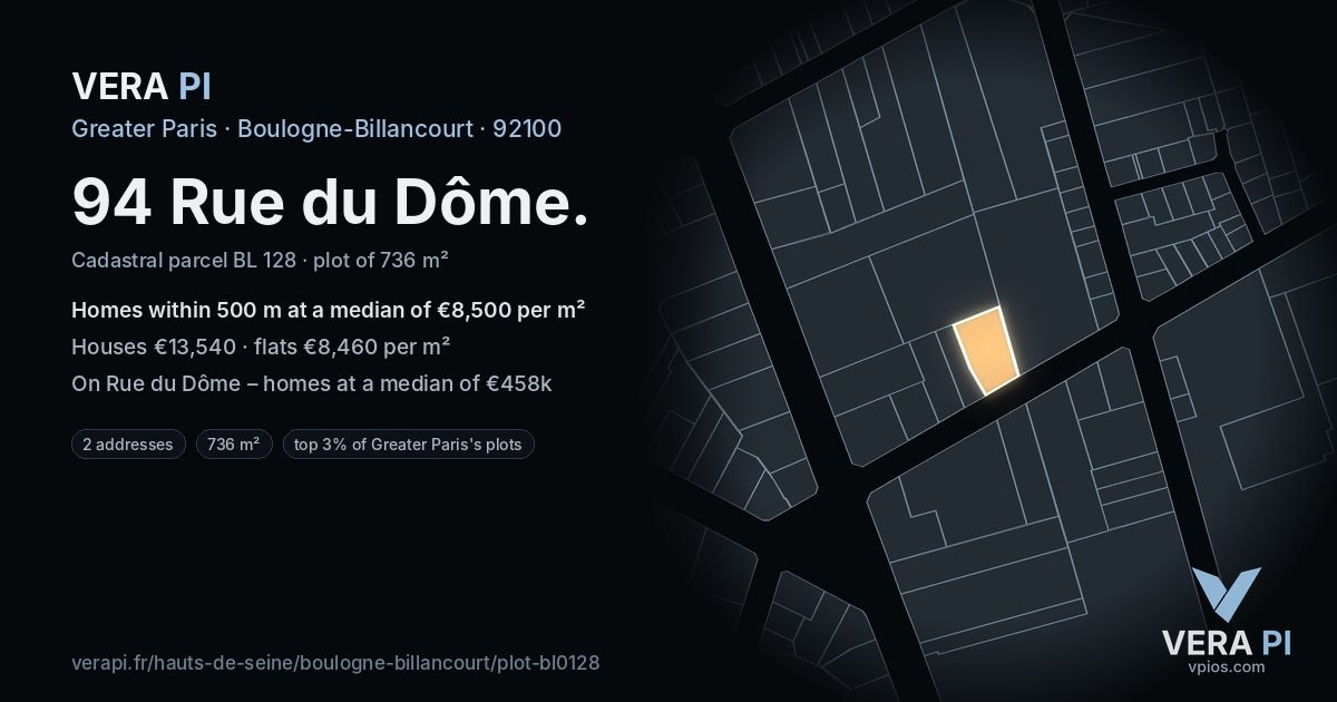 94 Rue du Dôme, Boulogne-Billancourt at night – the plot lit, the parcels around coloured by the prices near them