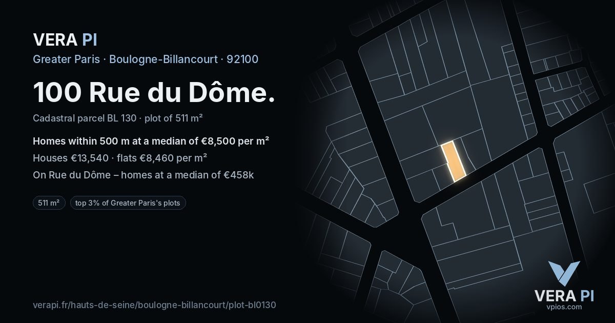 100 Rue du Dôme, Boulogne-Billancourt at night – the plot lit, the parcels around coloured by the prices near them