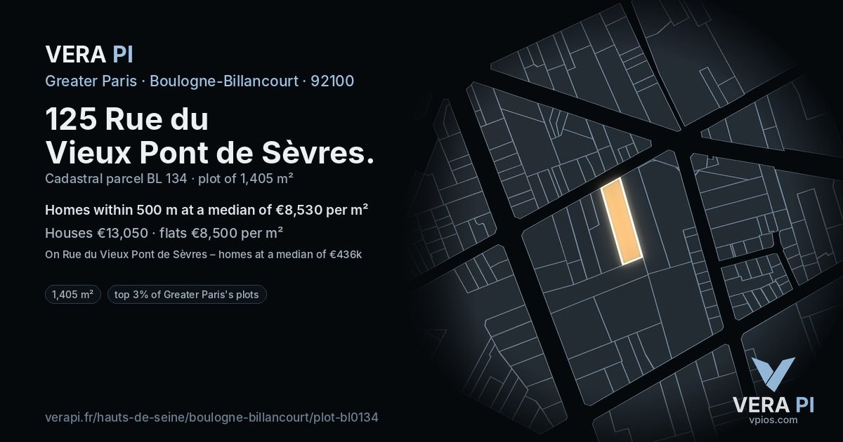 125 Rue du Vieux Pont de Sèvres, Boulogne-Billancourt at night – the plot lit, the parcels around coloured by the prices near them