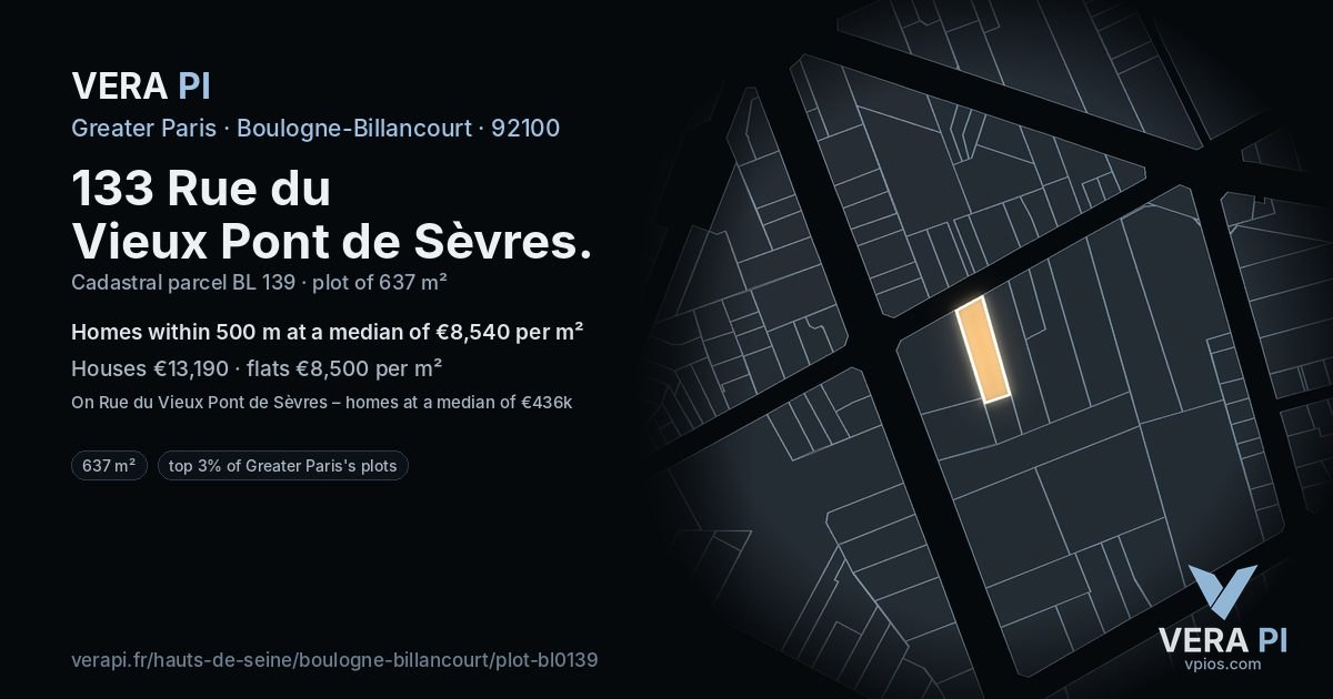 133 Rue du Vieux Pont de Sèvres, Boulogne-Billancourt at night – the plot lit, the parcels around coloured by the prices near them