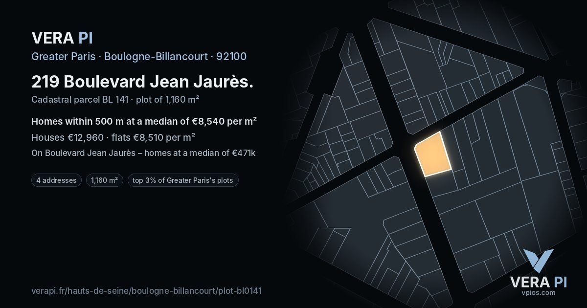 219 Boulevard Jean Jaurès, Boulogne-Billancourt at night – the plot lit, the parcels around coloured by the prices near them