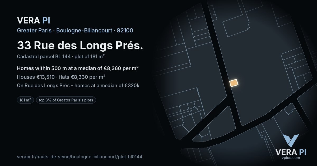33 Rue des Longs Prés, Boulogne-Billancourt at night – the plot lit, the parcels around coloured by the prices near them
