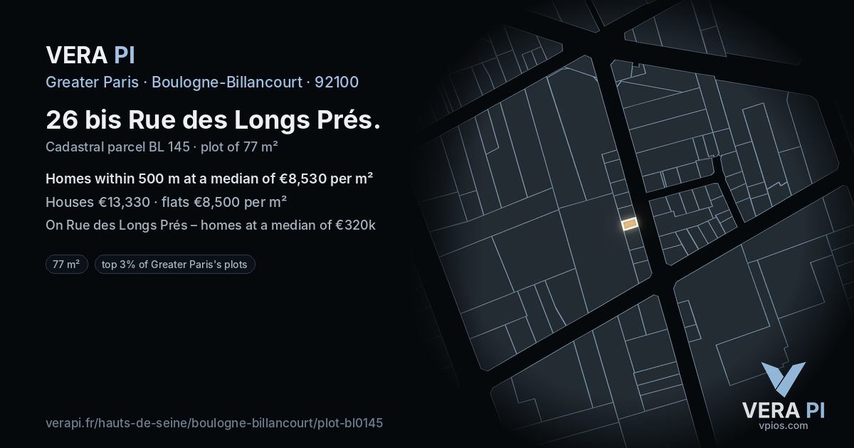 26 bis Rue des Longs Prés, Boulogne-Billancourt at night – the plot lit, the parcels around coloured by the prices near them
