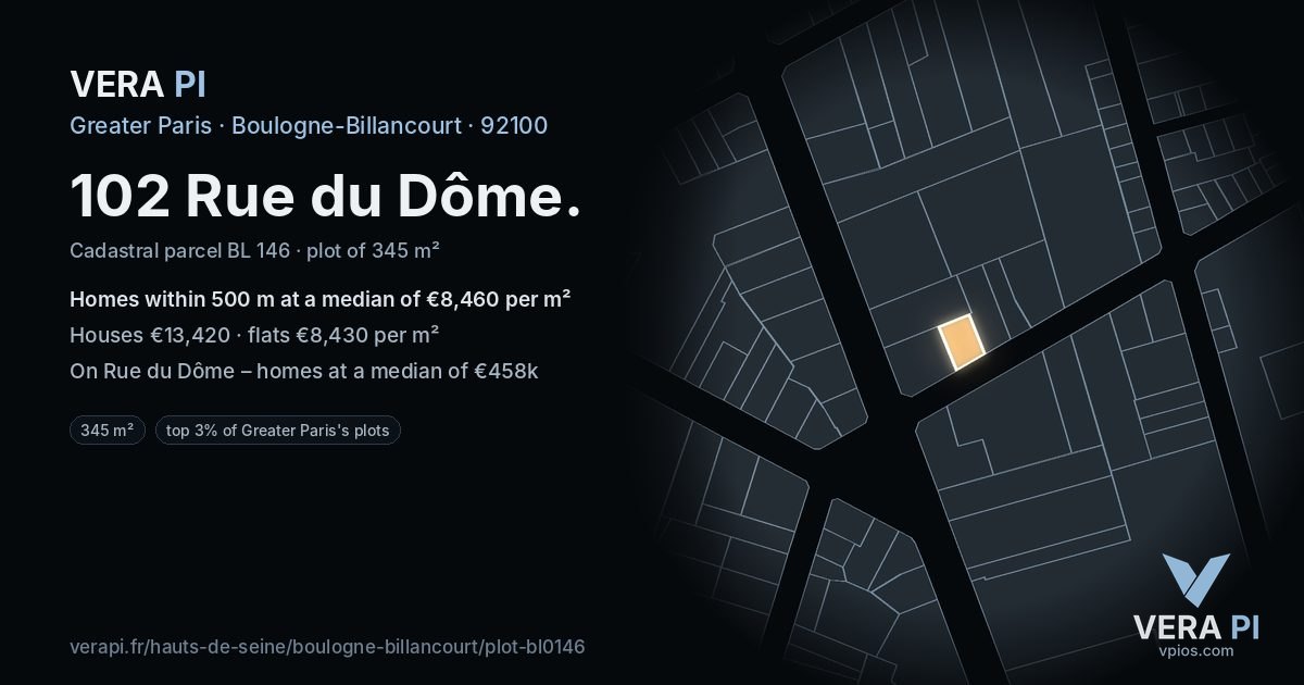 102 Rue du Dôme, Boulogne-Billancourt at night – the plot lit, the parcels around coloured by the prices near them