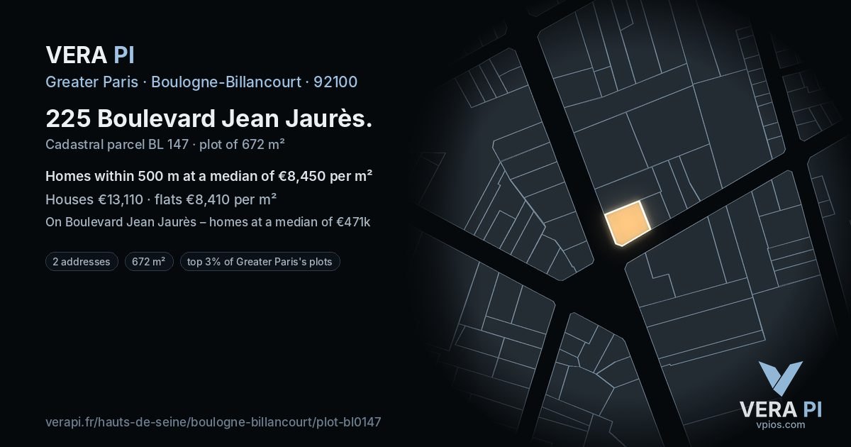225 Boulevard Jean Jaurès, Boulogne-Billancourt at night – the plot lit, the parcels around coloured by the prices near them
