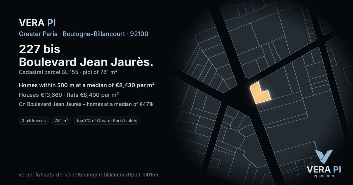 227 bis Boulevard Jean Jaurès, Boulogne-Billancourt at night – the plot lit, the parcels around coloured by the prices near them