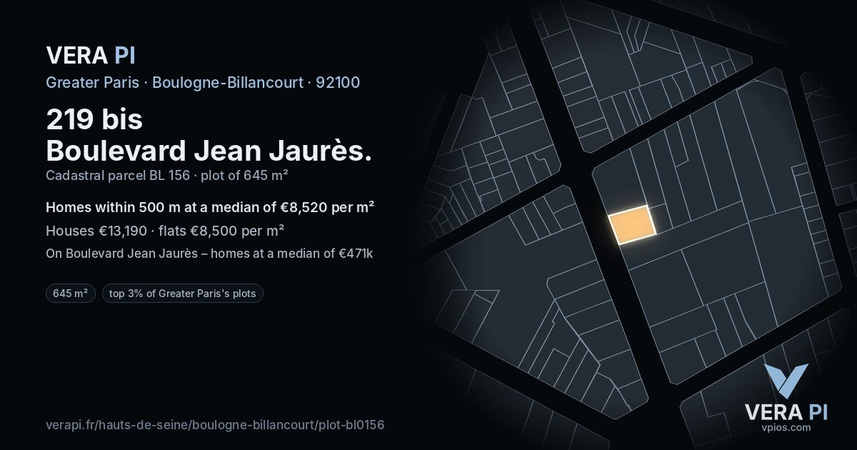 219 bis Boulevard Jean Jaurès, Boulogne-Billancourt at night – the plot lit, the parcels around coloured by the prices near them