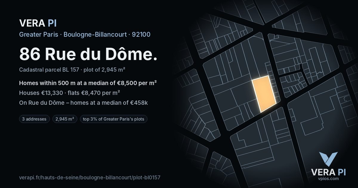 86 Rue du Dôme, Boulogne-Billancourt at night – the plot lit, the parcels around coloured by the prices near them