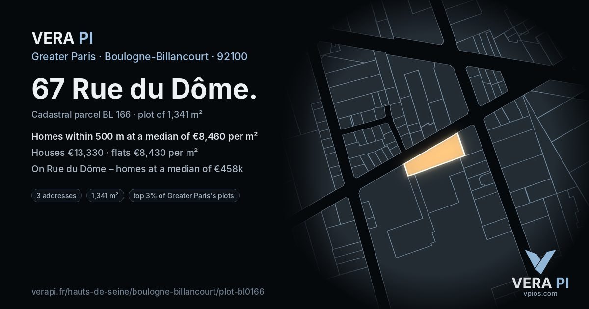 67 Rue du Dôme, Boulogne-Billancourt at night – the plot lit, the parcels around coloured by the prices near them