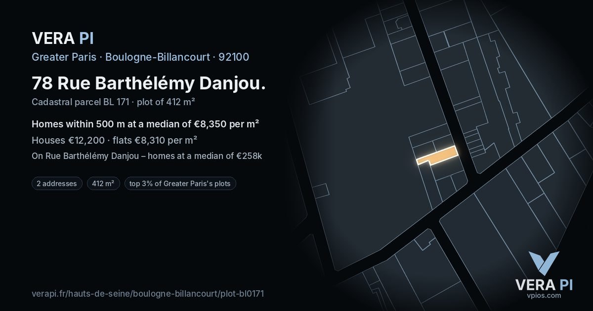 78 Rue Barthélémy Danjou, Boulogne-Billancourt at night – the plot lit, the parcels around coloured by the prices near them