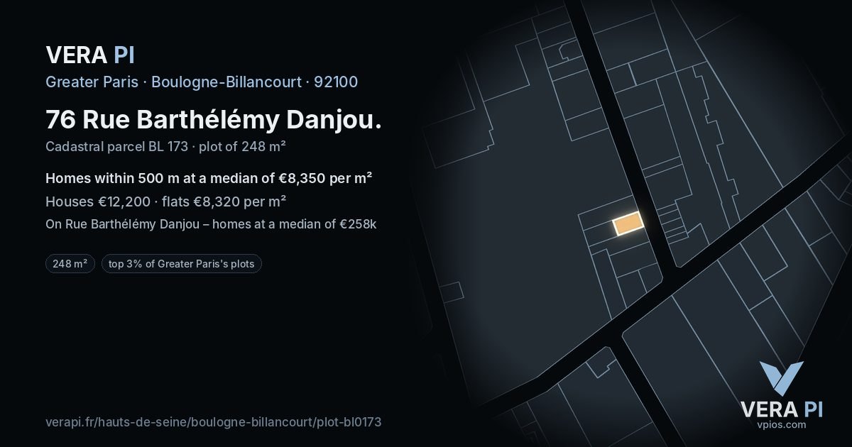 76 Rue Barthélémy Danjou, Boulogne-Billancourt at night – the plot lit, the parcels around coloured by the prices near them