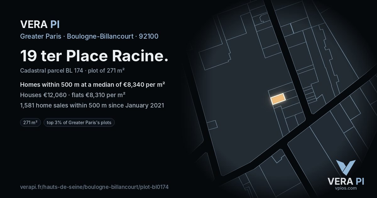 19 ter Place Racine, Boulogne-Billancourt at night – the plot lit, the parcels around coloured by the prices near them