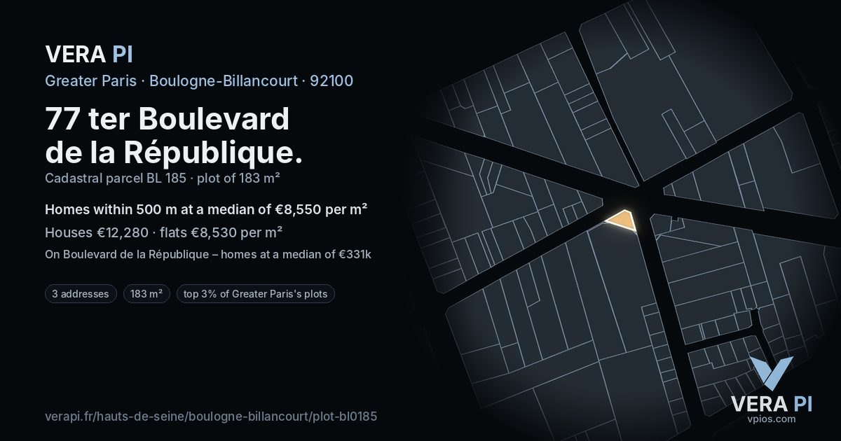 77 ter Boulevard de la République, Boulogne-Billancourt at night – the plot lit, the parcels around coloured by the prices near them