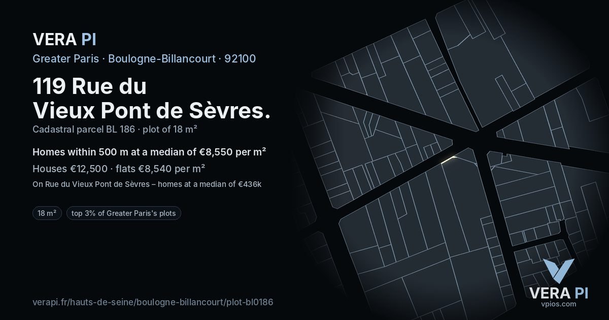 119 Rue du Vieux Pont de Sèvres, Boulogne-Billancourt at night – the plot lit, the parcels around coloured by the prices near them