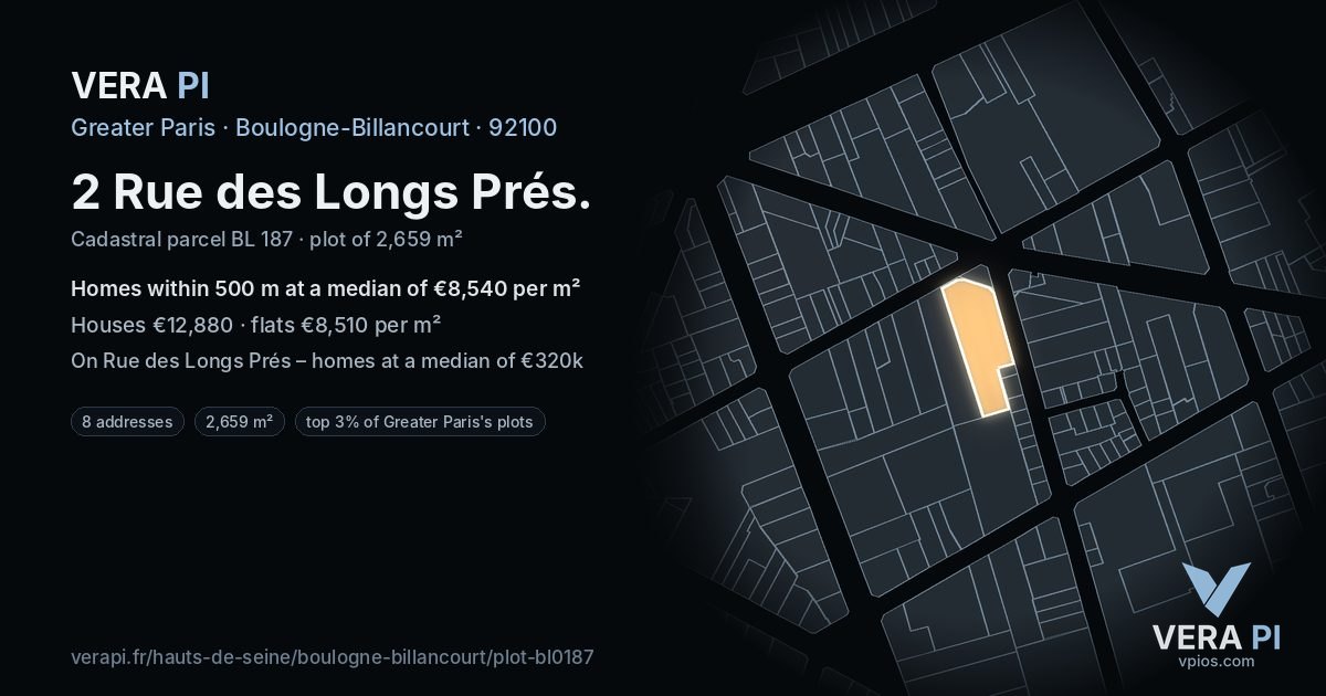 2 Rue des Longs Prés, Boulogne-Billancourt at night – the plot lit, the parcels around coloured by the prices near them