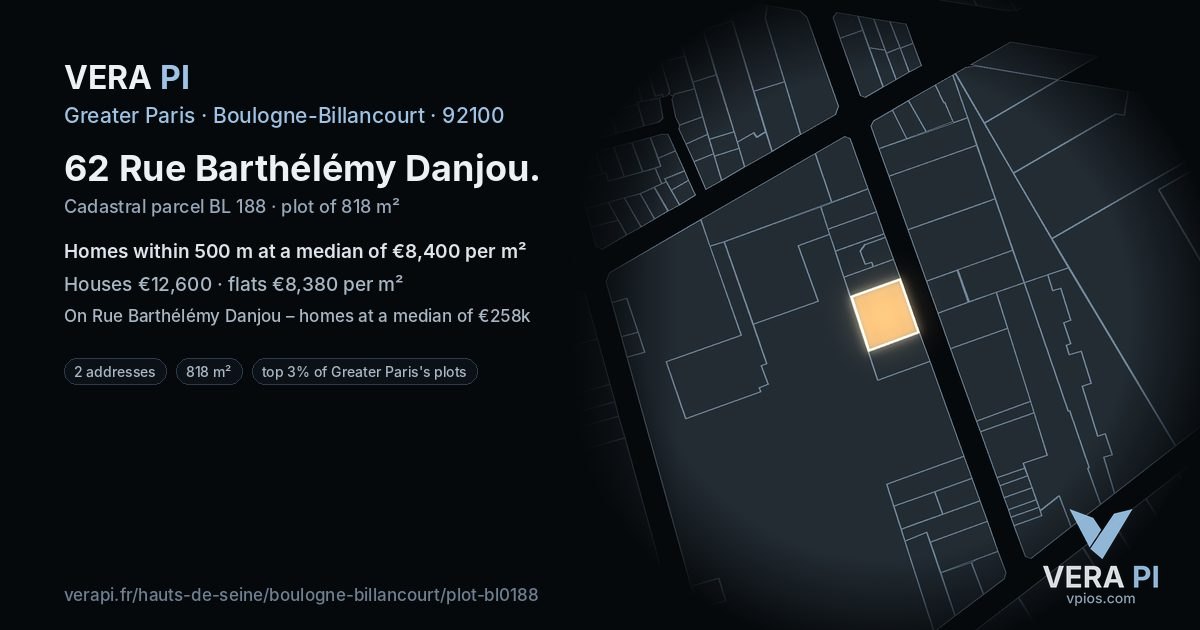 62 Rue Barthélémy Danjou, Boulogne-Billancourt at night – the plot lit, the parcels around coloured by the prices near them
