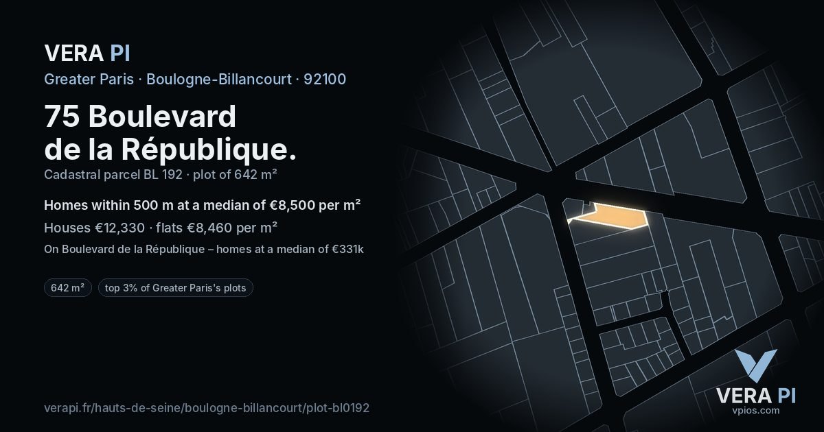 75 Boulevard de la République, Boulogne-Billancourt at night – the plot lit, the parcels around coloured by the prices near them