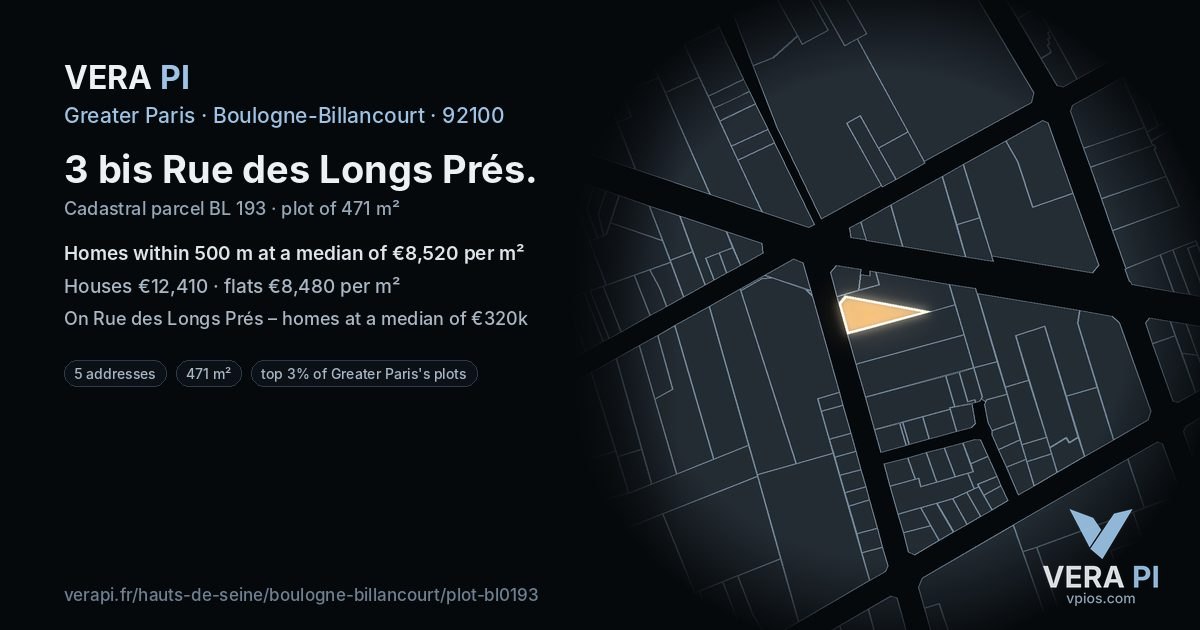 3 bis Rue des Longs Prés, Boulogne-Billancourt at night – the plot lit, the parcels around coloured by the prices near them