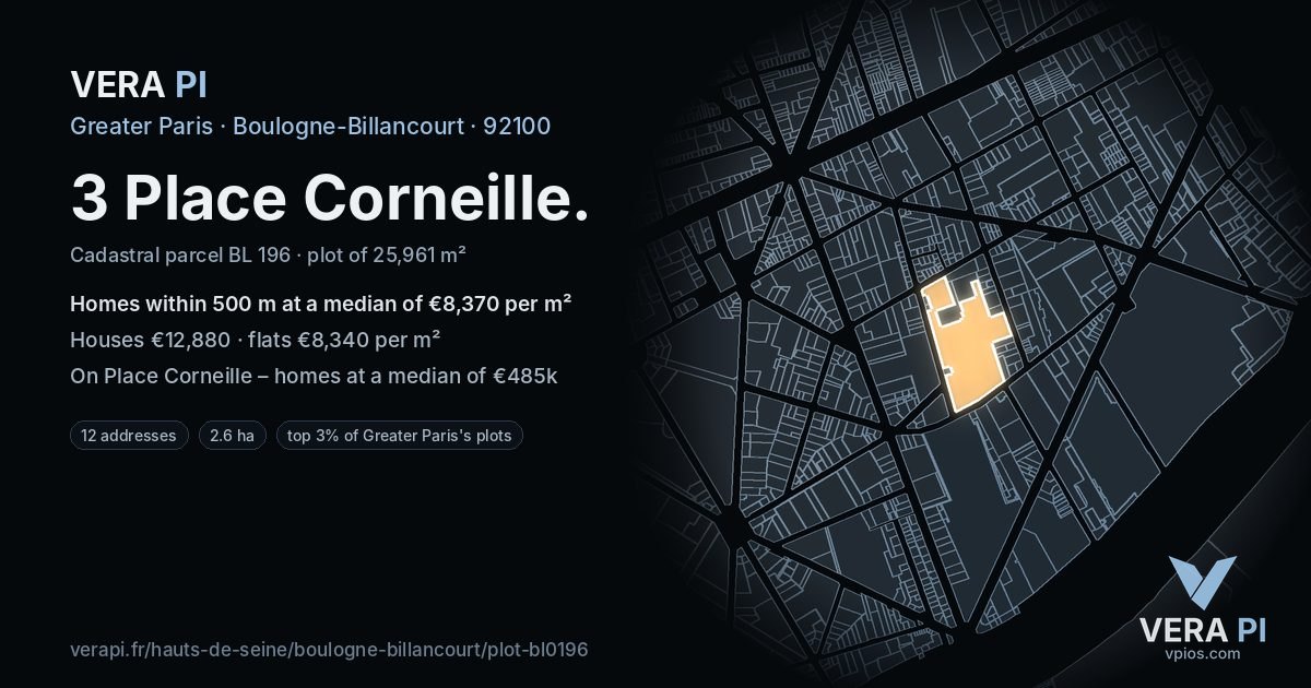 3 Place Corneille, Boulogne-Billancourt at night – the plot lit, the parcels around coloured by the prices near them