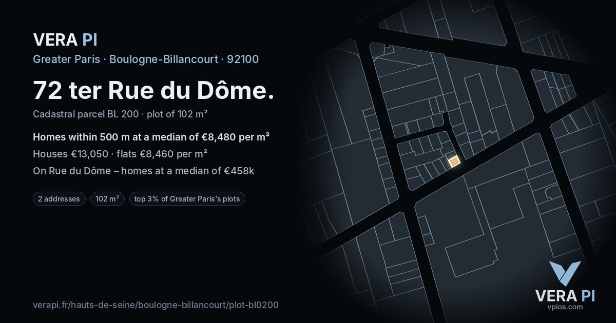 72 ter Rue du Dôme, Boulogne-Billancourt at night – the plot lit, the parcels around coloured by the prices near them