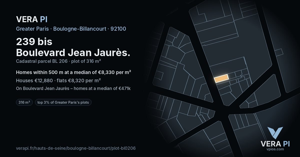 239 bis Boulevard Jean Jaurès, Boulogne-Billancourt at night – the plot lit, the parcels around coloured by the prices near them