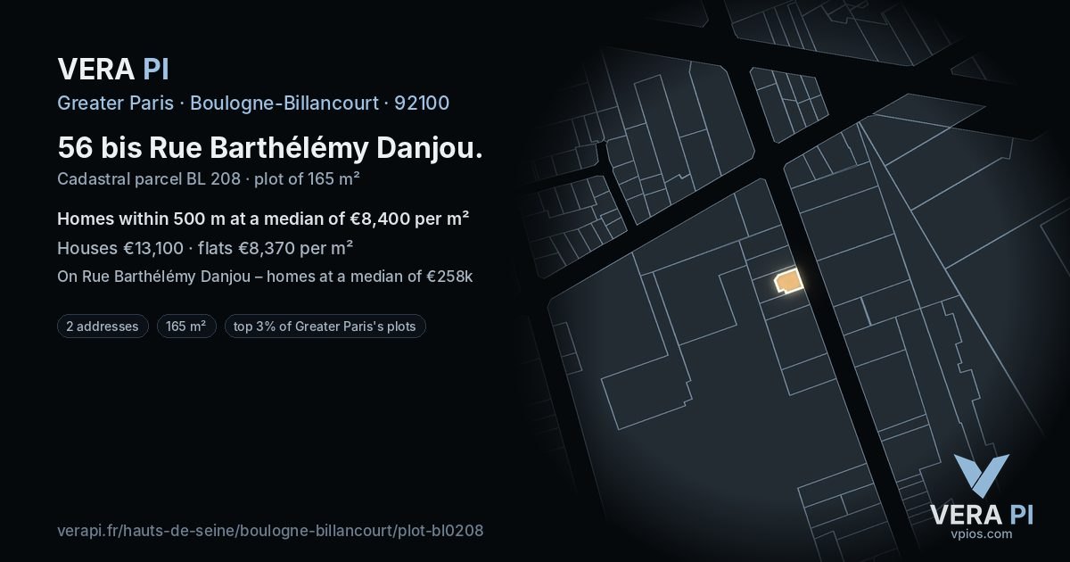 56 bis Rue Barthélémy Danjou, Boulogne-Billancourt at night – the plot lit, the parcels around coloured by the prices near them