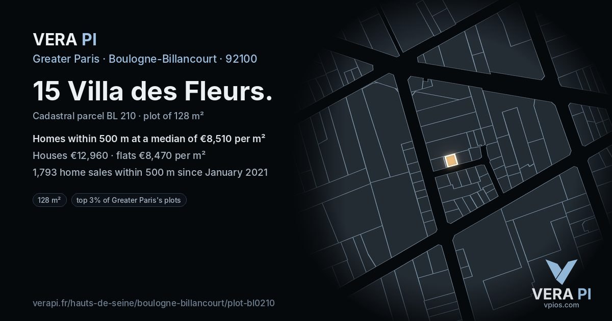 15 Villa des Fleurs, Boulogne-Billancourt at night – the plot lit, the parcels around coloured by the prices near them