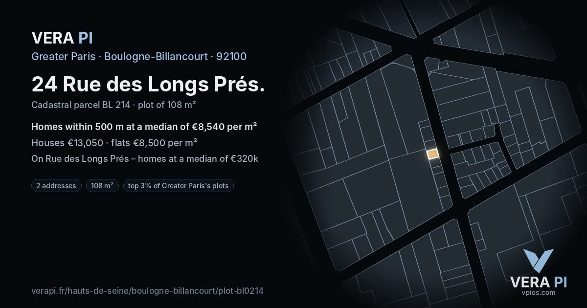 24 Rue des Longs Prés, Boulogne-Billancourt at night – the plot lit, the parcels around coloured by the prices near them