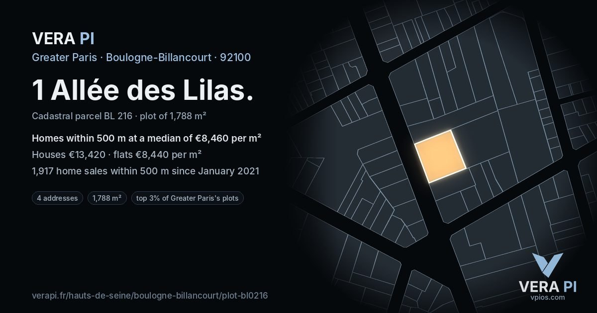 1 Allée des Lilas, Boulogne-Billancourt at night – the plot lit, the parcels around coloured by the prices near them