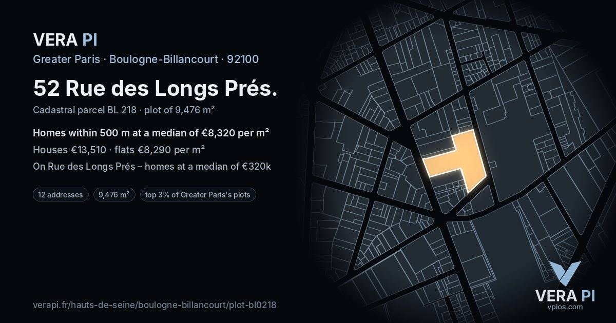 52 Rue des Longs Prés, Boulogne-Billancourt at night – the plot lit, the parcels around coloured by the prices near them