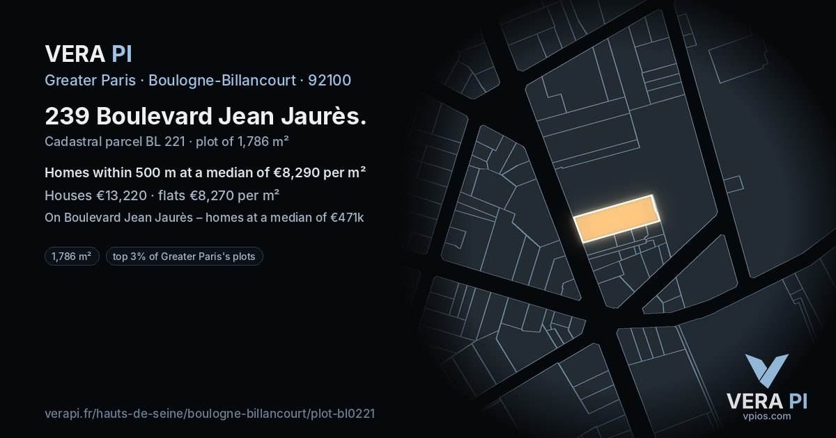 239 Boulevard Jean Jaurès, Boulogne-Billancourt at night – the plot lit, the parcels around coloured by the prices near them
