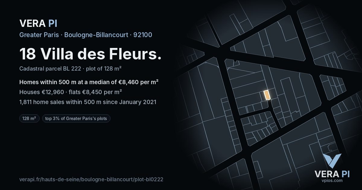 18 Villa des Fleurs, Boulogne-Billancourt at night – the plot lit, the parcels around coloured by the prices near them