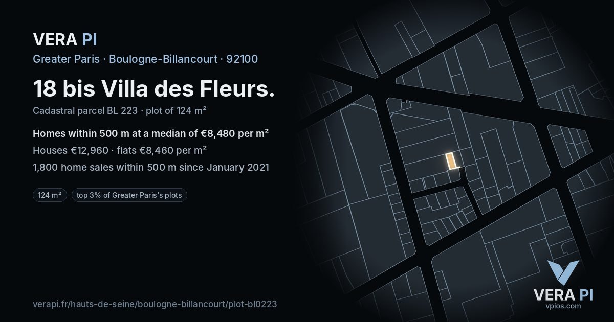 18 bis Villa des Fleurs, Boulogne-Billancourt at night – the plot lit, the parcels around coloured by the prices near them