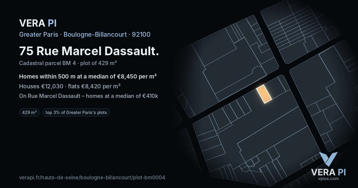 75 Rue Marcel Dassault, Boulogne-Billancourt at night – the plot lit, the parcels around coloured by the prices near them