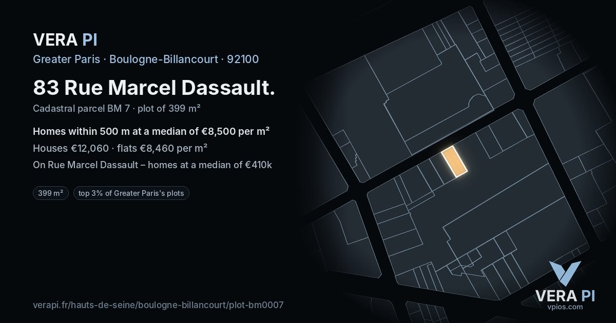 83 Rue Marcel Dassault, Boulogne-Billancourt at night – the plot lit, the parcels around coloured by the prices near them