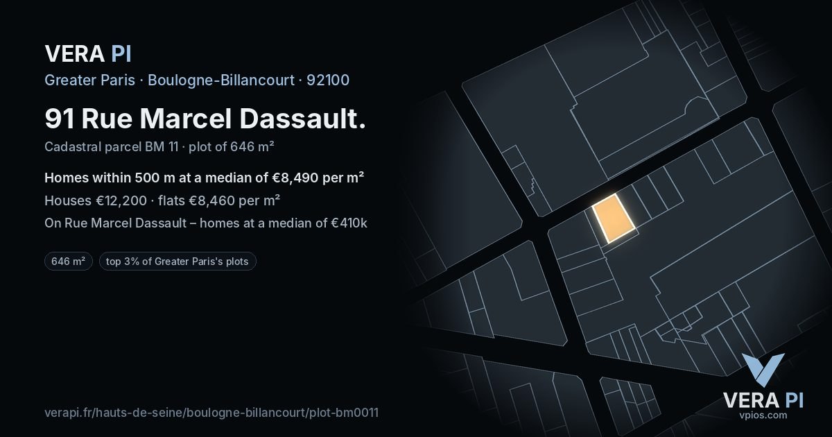 91 Rue Marcel Dassault, Boulogne-Billancourt at night – the plot lit, the parcels around coloured by the prices near them