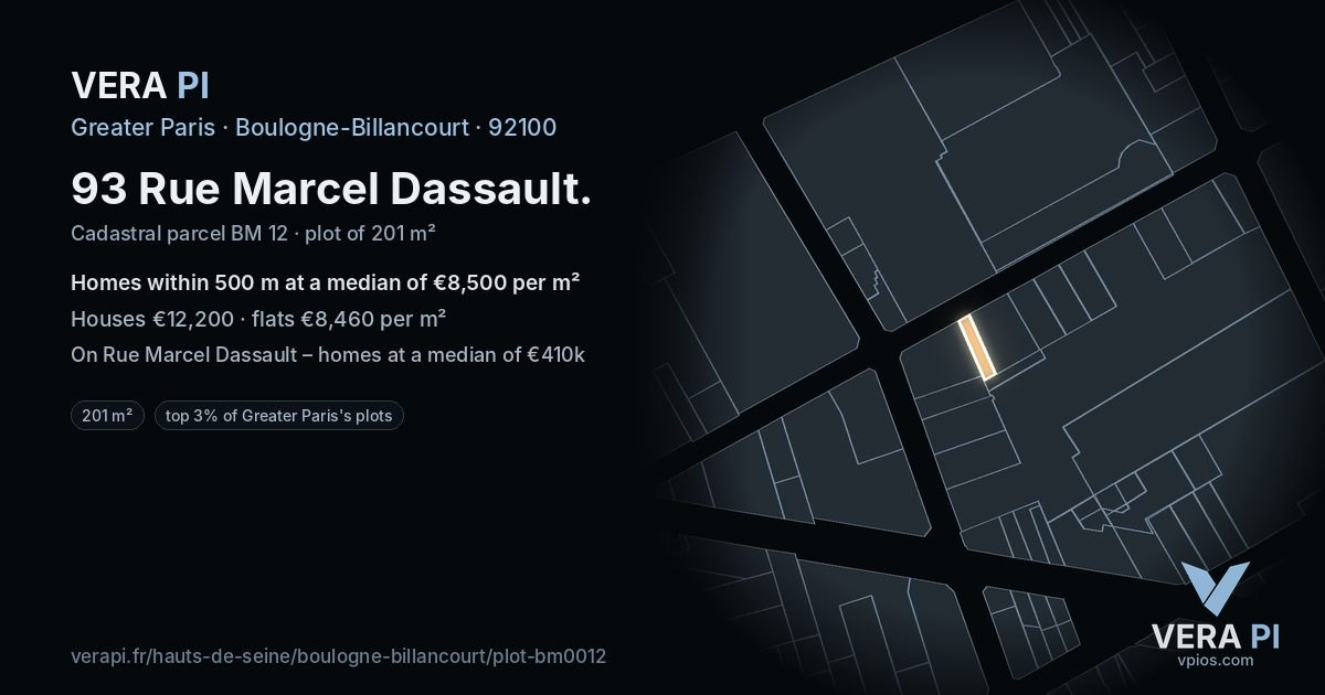 93 Rue Marcel Dassault, Boulogne-Billancourt at night – the plot lit, the parcels around coloured by the prices near them