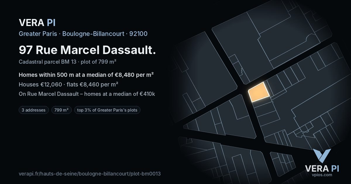 97 Rue Marcel Dassault, Boulogne-Billancourt at night – the plot lit, the parcels around coloured by the prices near them
