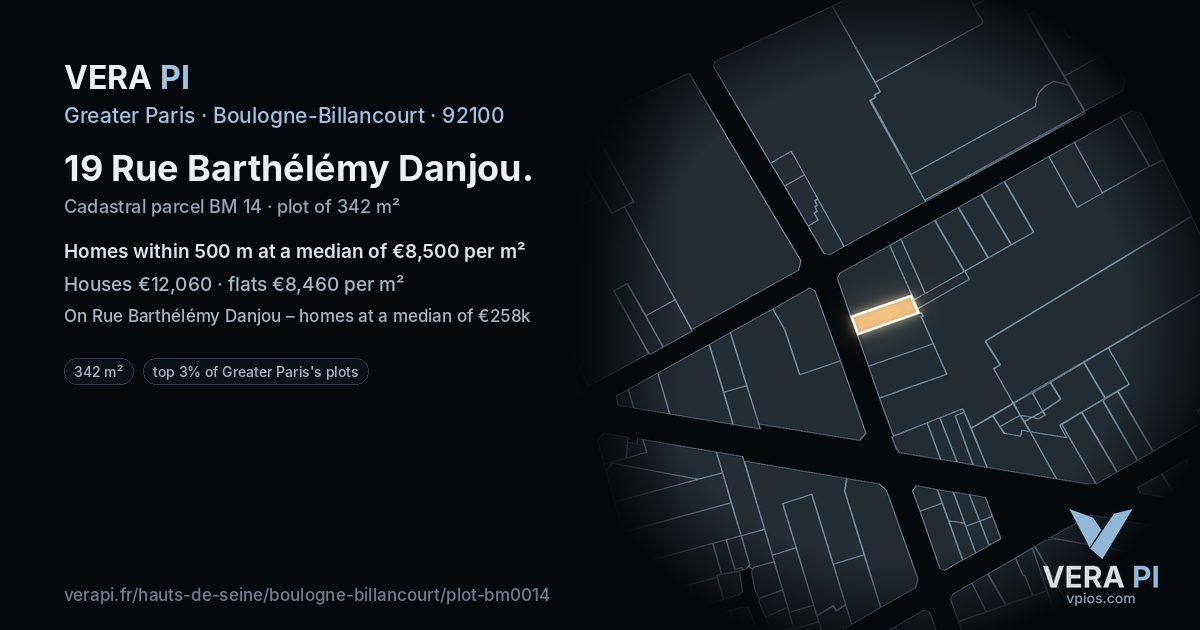 19 Rue Barthélémy Danjou, Boulogne-Billancourt at night – the plot lit, the parcels around coloured by the prices near them