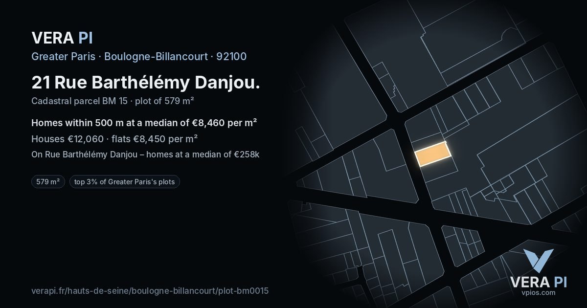 21 Rue Barthélémy Danjou, Boulogne-Billancourt at night – the plot lit, the parcels around coloured by the prices near them