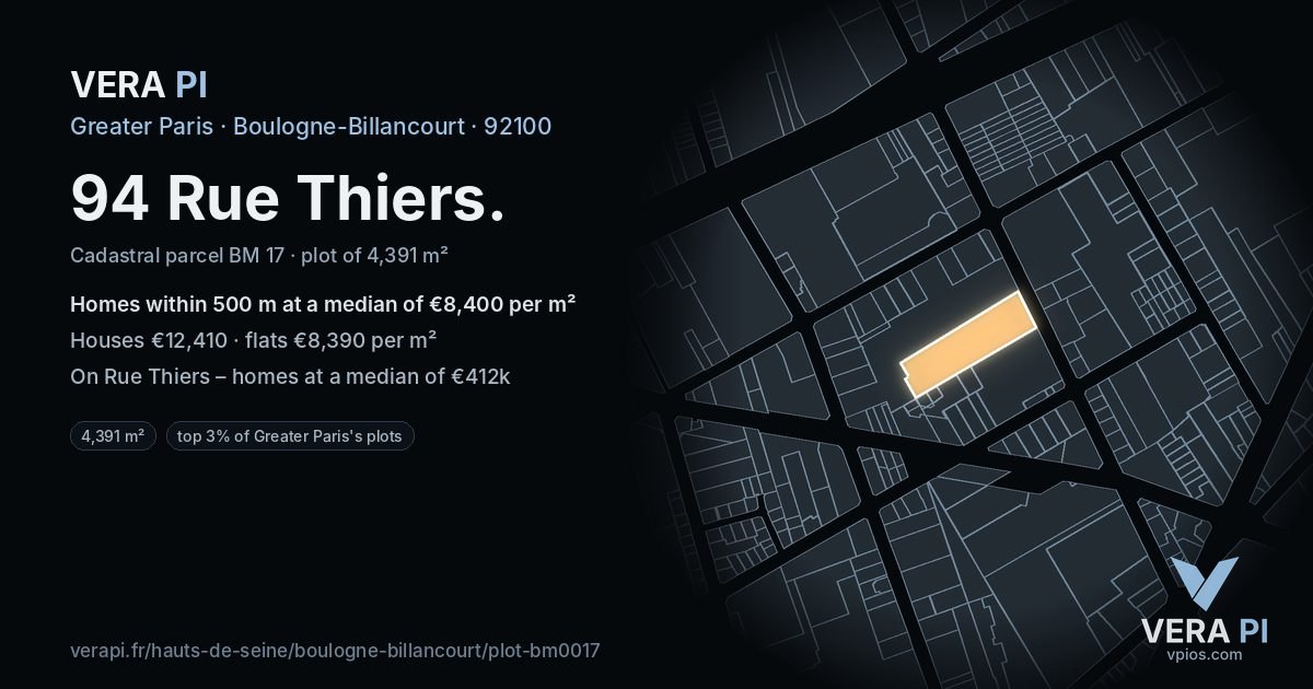 94 Rue Thiers, Boulogne-Billancourt at night – the plot lit, the parcels around coloured by the prices near them